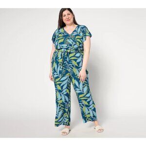 AnyBody Vacation Jumpsuit Size Medium Regular Wide Leg Faux Wrap Deep Teal Boho